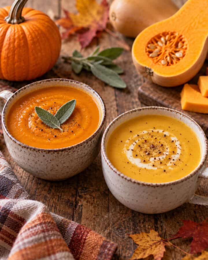 A dark orange bowl of pumpkin soup next to a light orange bowl or butternut squash soup.