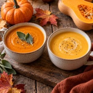 A bowl of deep orange pumpkin soup with green sage leaves and a bowl of lighter orange butternut squash soup.