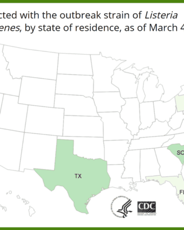 US map showing states with listeria cases due to eggs from Almark Foods