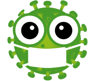 green graphic image of virus molecule with eyes wearing a mask