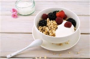 white bowl of plain yogurt with berries and oats