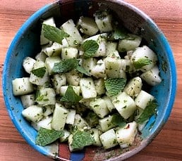 melon salad in colorful bowl