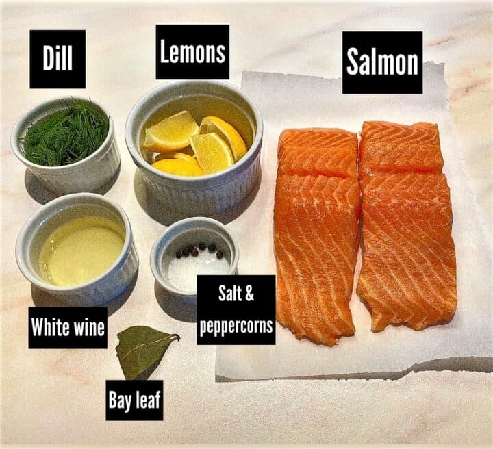 Salmon fillets, lemon wedges, fresh dill, seasonings, and white wine on pale marble countertop