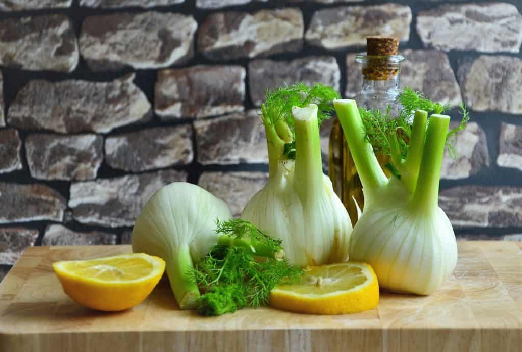 Three trimmed fennel bulbs with a couple cut lemon slices against a gray stone wall