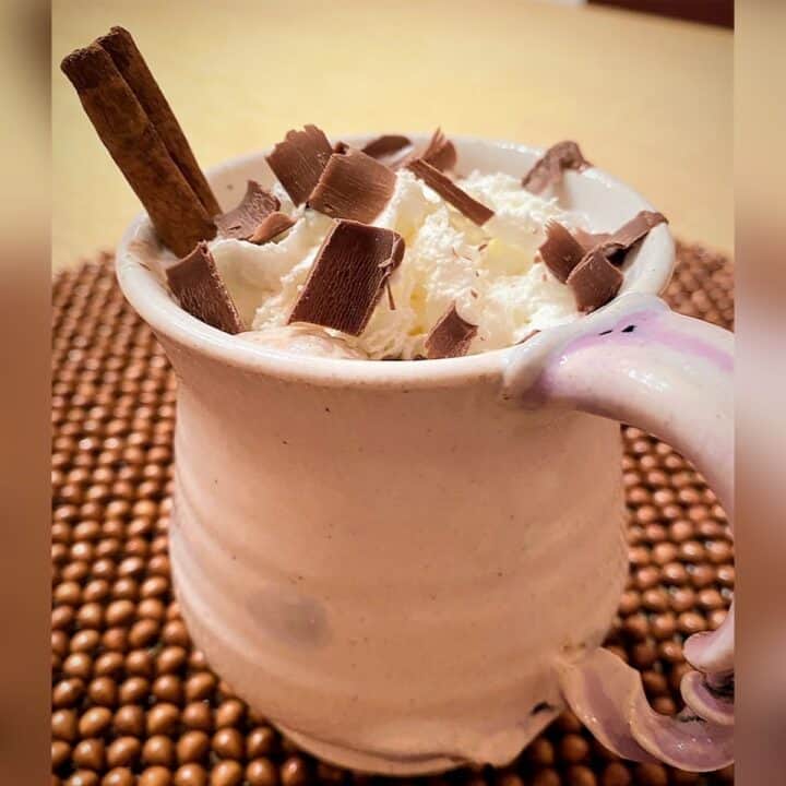 Mexican hot chocolate in a curvy ivory mug with whipped cream, chocolate shavings, and a cinnamon stick.