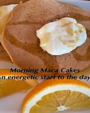 pancakes made with maca powder with a dollop of yogurt and orange slices plus text about energy for mornings
