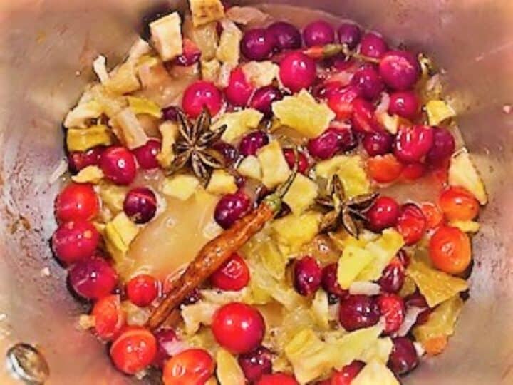 Chunks of pear, fresh cranberries, star anise, whole chilies and spices simmering in a pot