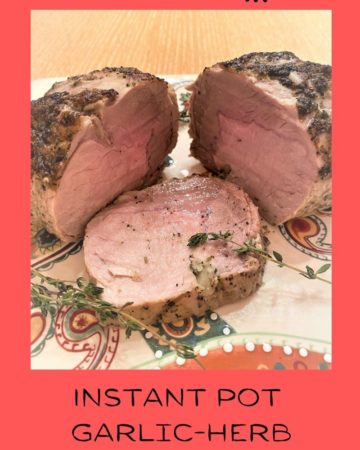Instant Pot cooked pork loin roast, cut through center with title