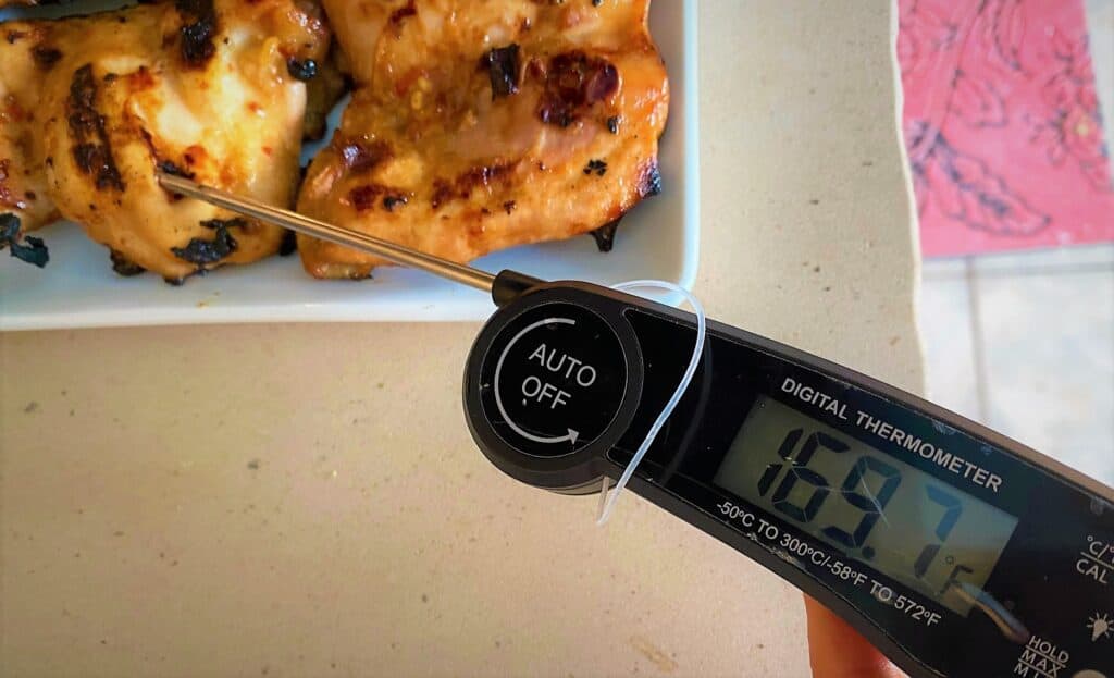 digital thermometer inserted in chicken thigh with grill marks