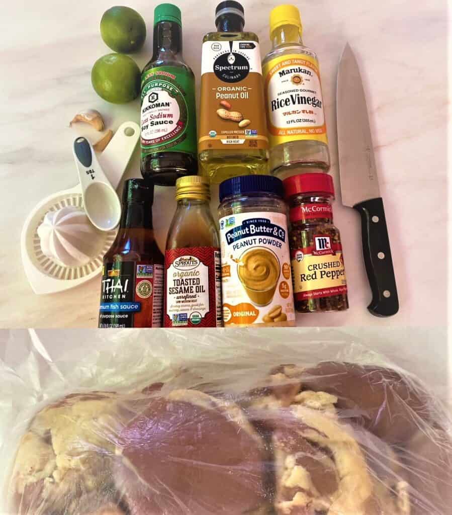 raw chicken thighs plus the soy sauce, peanut oil and powder, limes, vinegar, etc. needed to make the marinade