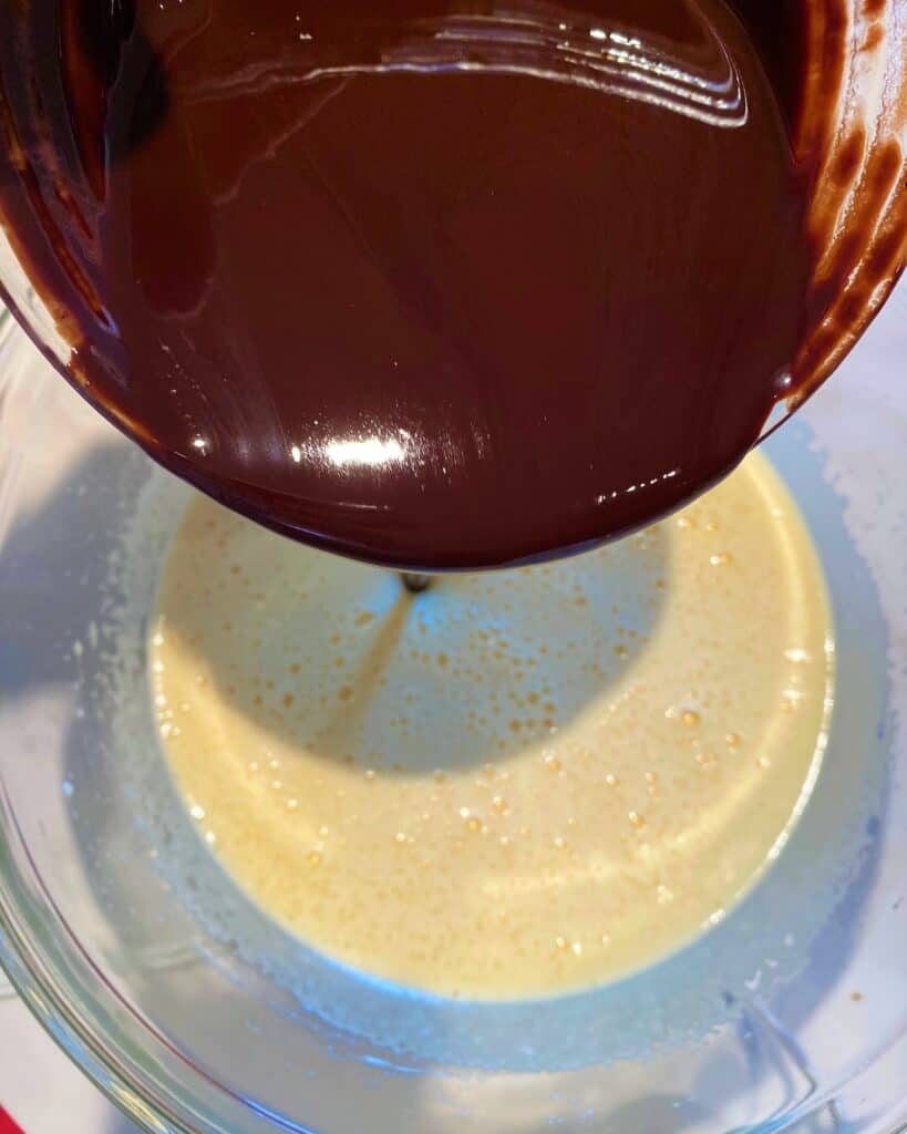 Adding melted chocolate to egg base for carb-conscious erythritol brownies