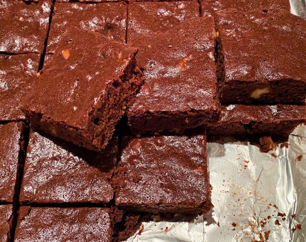 Carb-conscious erythritol brownies cut into squares