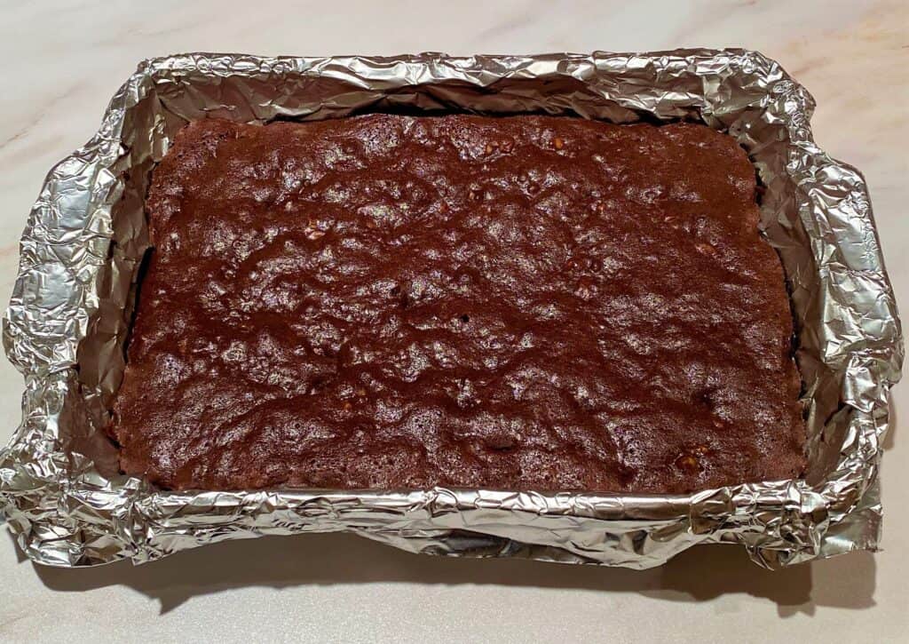 Pan of carb-conscious erythritol brownies, just out of oven