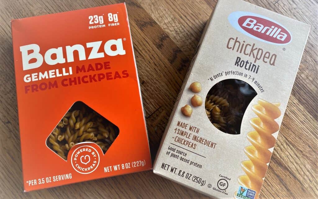 Boxes of branded chickpea pasta for Creamy Coconut Chicken Curry
