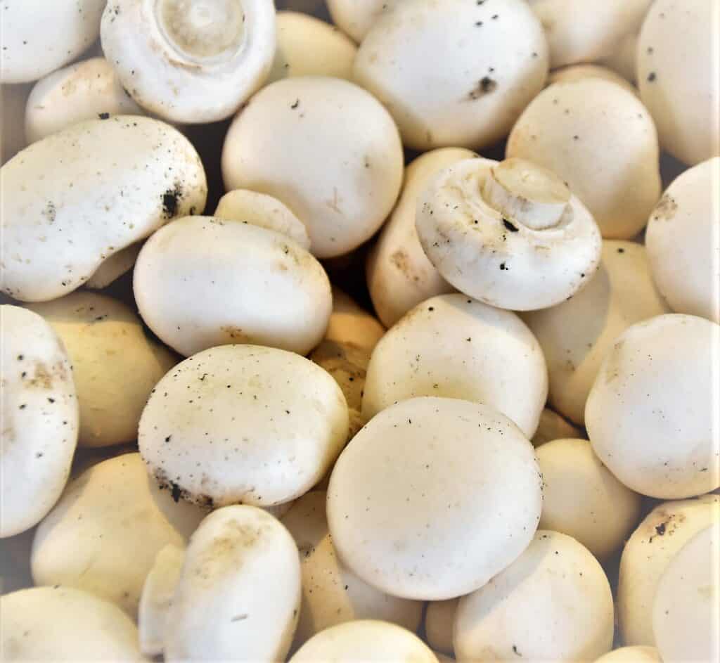 white button mushrooms fill the frame for recipe of creamy baked polenta with mushrooms.