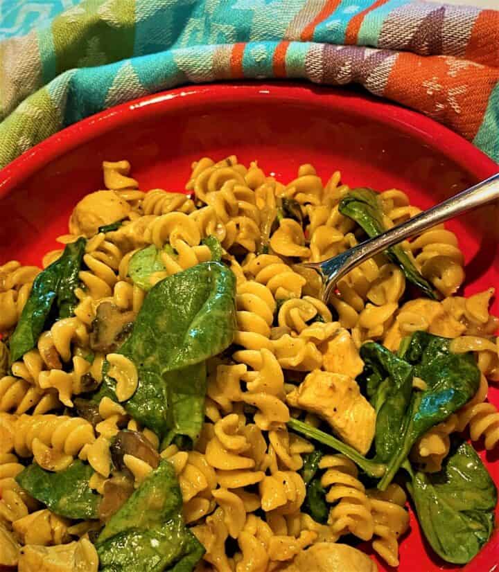 Creamy, curried chickpea rotini with chicken and spinach in a flat, red pasta bowl against a towel with a blue-green Southwestern pattern