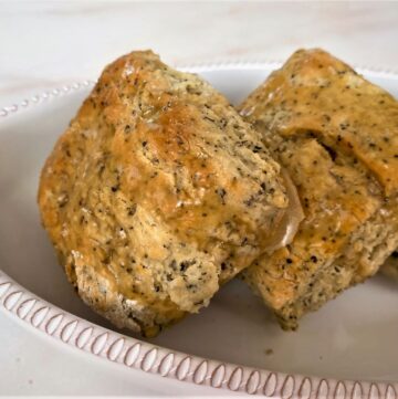 Earl Grey Scones with tea glaze in white decorative dish