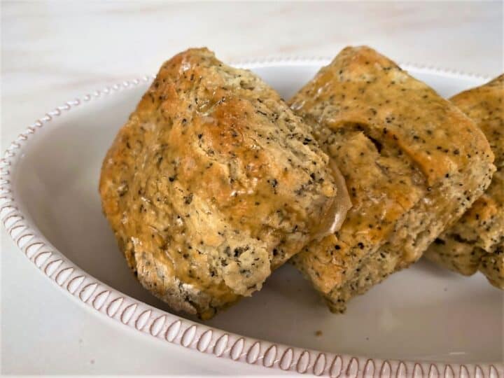 Earl Grey Scones with tea glaze in white decorative dish