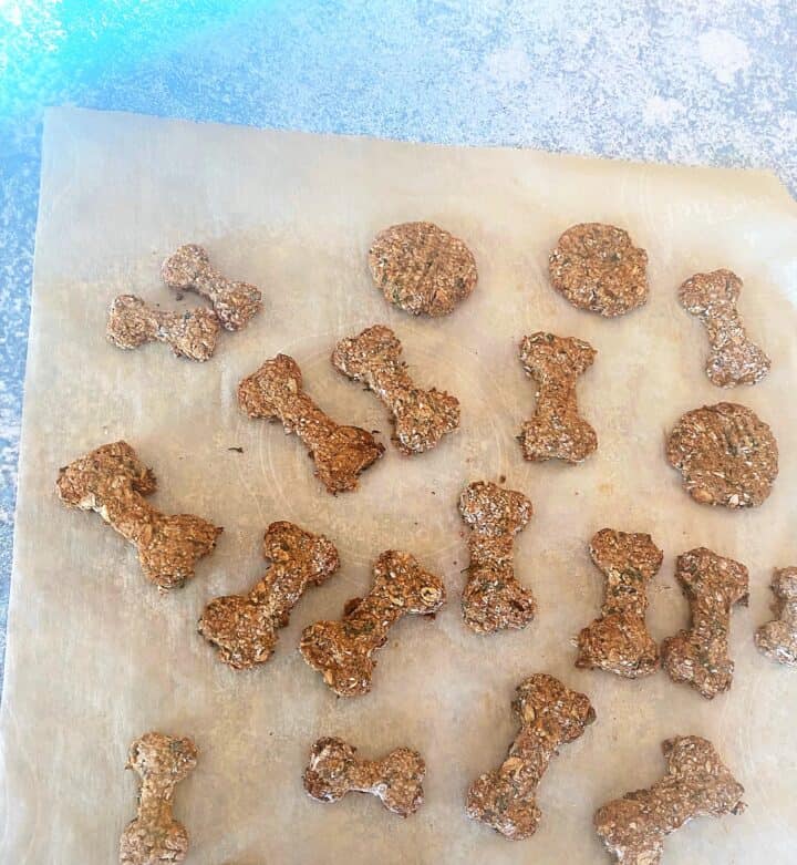 Parchment with baked bone and cookie shaped dog treats