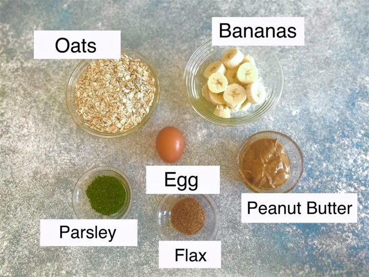 Ingredients needed for Banana Dog Treats with Peanut Butter with labels