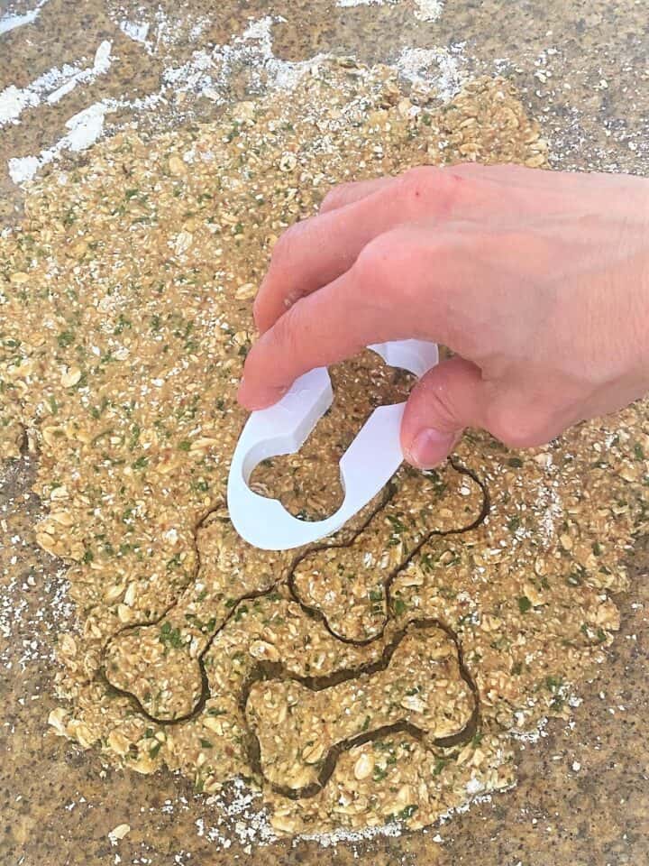 Cutting bone shapes out of dog treat dough with white plastic cookie cutter