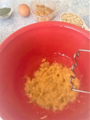 mashed banana in red bowl for dog treats