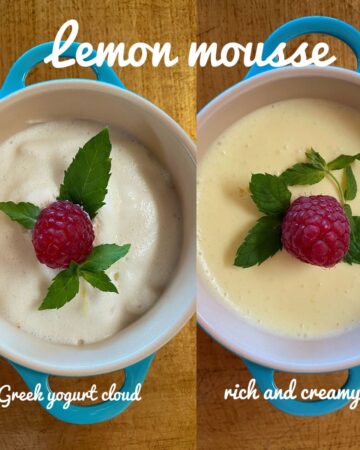 Greek yogurt lemon mousse and a creamy lemon mousse side by side in turquoise ramekins on a gold background