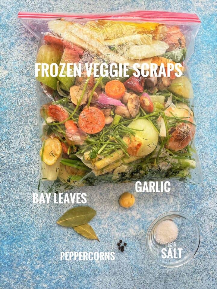 Frozen vegetables and other ingredients needed for veggie scraps broth with labels