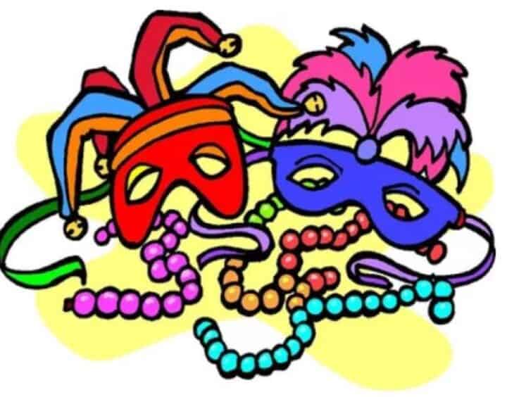 Colorful, cartoonish red and purple mardi gras masks with beads