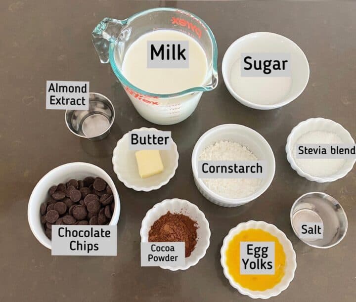 Labeled ingredients for No Bake Chocolate Pie with labels