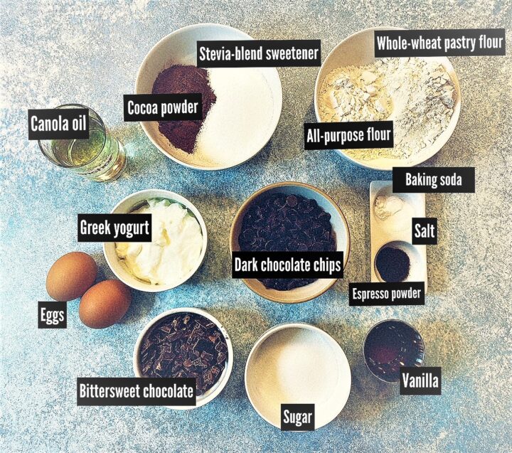 The many ingredients needed to make triple chocolate muffins with labels on a mottled blue background