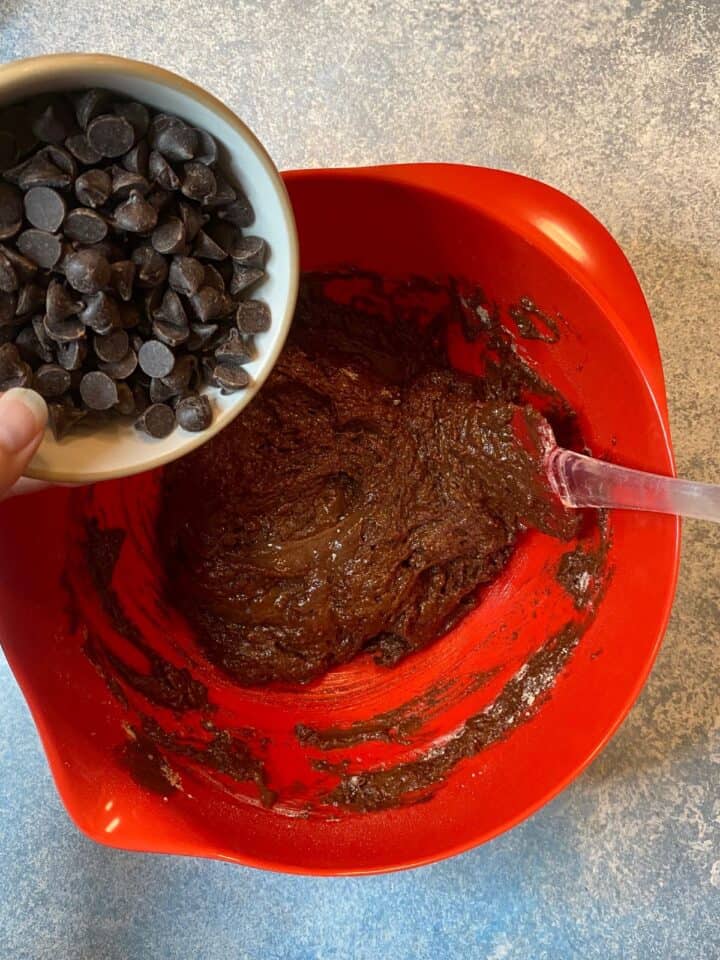 Adding dark chocolate chips to red bowl with chocolatey batter on blue countertop