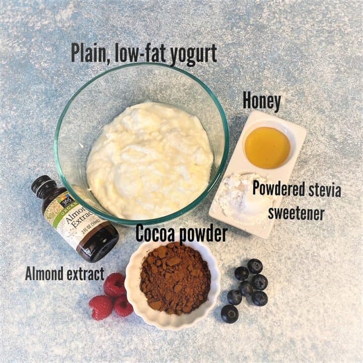 Ingredients for chocolate yogurt sauce on bluish mottled countertop