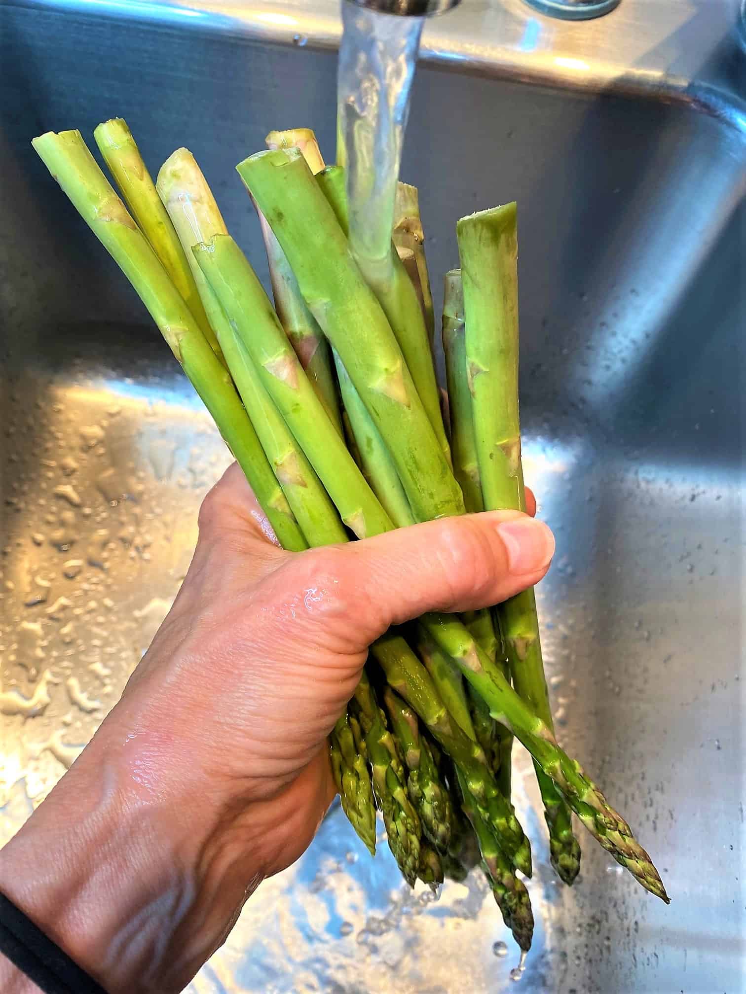 Hand holding a bunch of asparagus with tips facing downward in a sink under running water