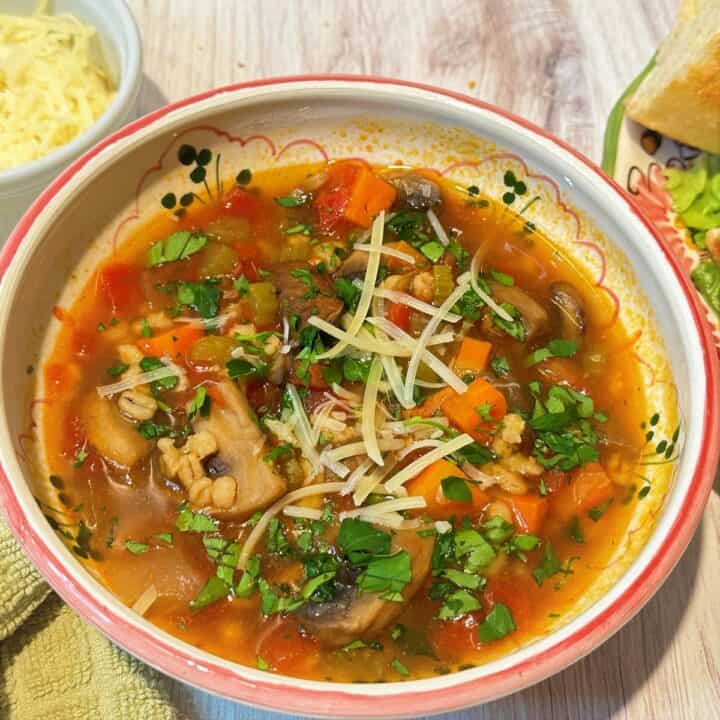 Pink-rimmed bowl of mushroom barley soup with Parmesan shreds and chopped parsley on top.