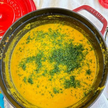 Creamy orange soup topped with lots of fresh dill in red Dutch oven with whisk and colorful potholders nearby on whitish background.