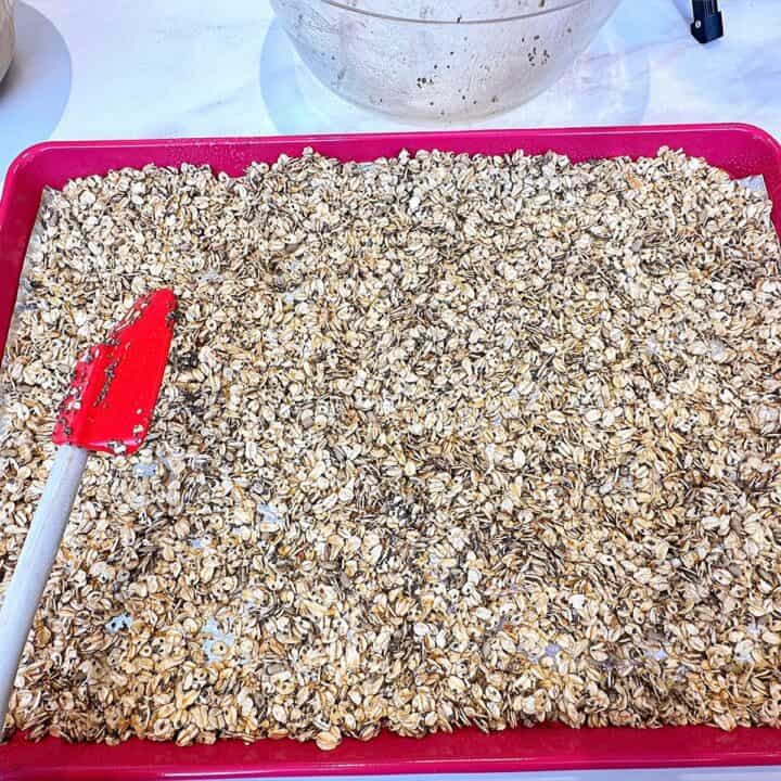 Oats and seeds mixture spread on bright pink baking sheet.