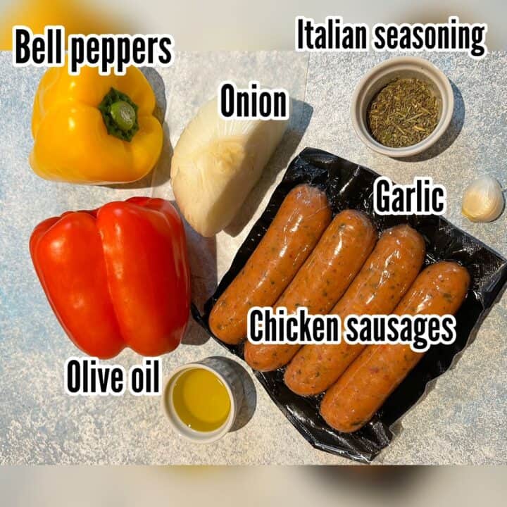 Package of smoked chicken sausage, red and yellow bell peppers, onions and other ingredients with labels