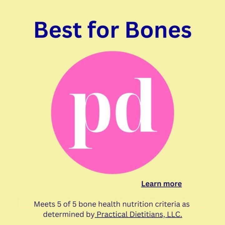 Yellow square with pink circle holding letters pd. Top headline says Best for Bones.
