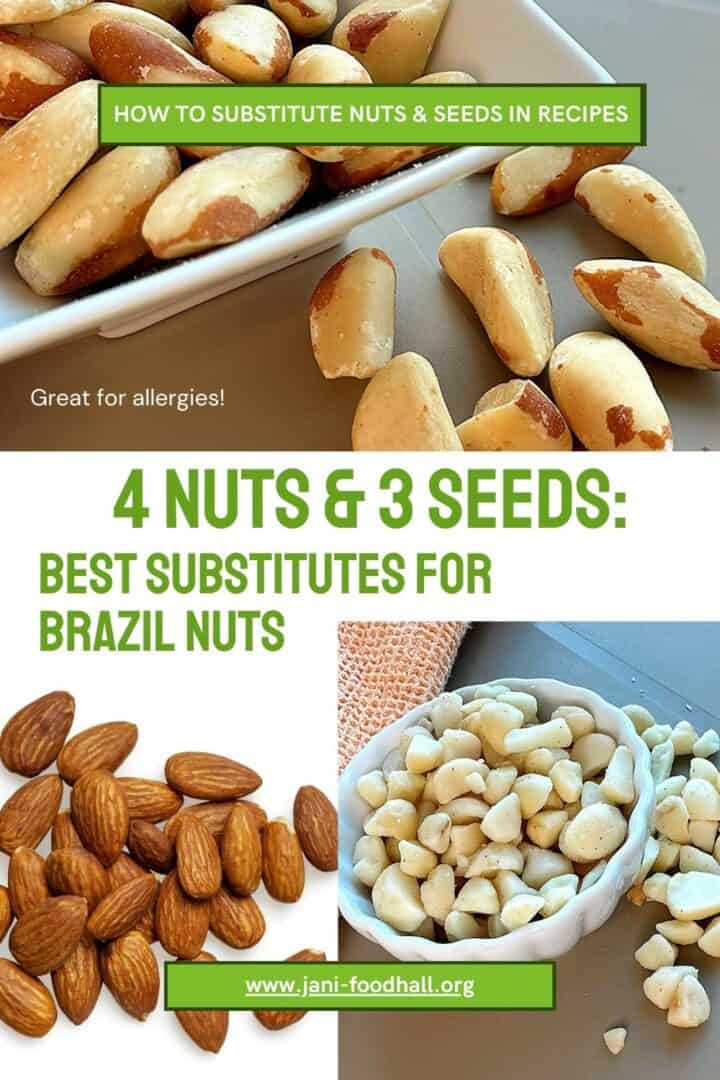 Collage of of three nut photos: Brazil nuts, almonds, and macadamias.