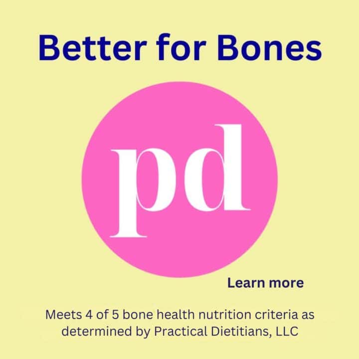 Yellow square with pink circle in center with letters pd and headline Better for Bones