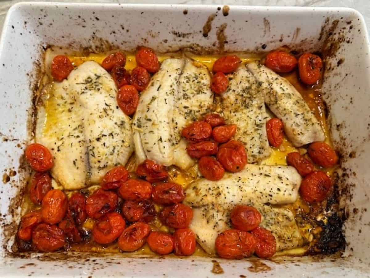 One Pan Roasted Fish Filets with Cherry Tomatoes