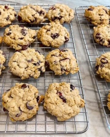 Wire cooling racks with rows of light brown textured oatmeal cookies with dark chocolate chips peeking out.
