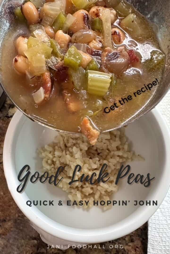 Ladle of black-eyed peas and veggies dumped over a mound of brown rice in a white bowl.
