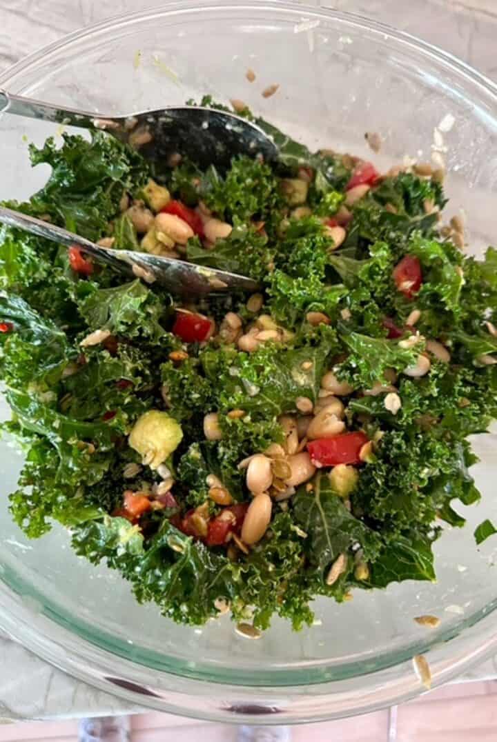 Curly green kale salad with white beans, avocados, sunflower and pumpkin seeds, and red pieces of tomato.