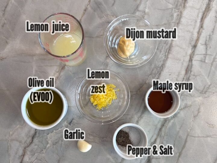 Olive oil, lemon juice, mustard, zest, maple syrup and other ingredients for a vinaigrette.