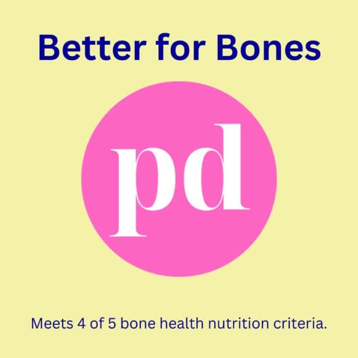 Yellow background with the words Better for Bones and a pink circle logo with white pd in the center