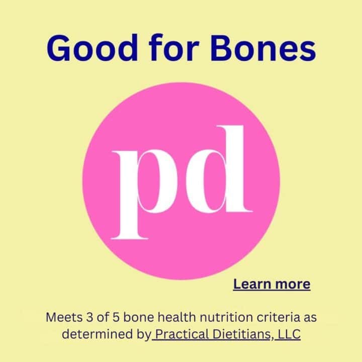 Yellow square with pink circle containing pd Practical Dietitian logo in the center with headline Good for Bones.