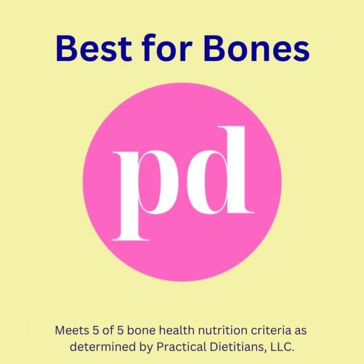 yellow square with pink circle containing letters pd for Practical Dietitians and headline Best for Bones