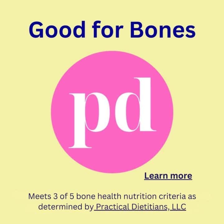 Yellow square with pink circle containing letters pd for Practical Dietitians and headline Good for Bones